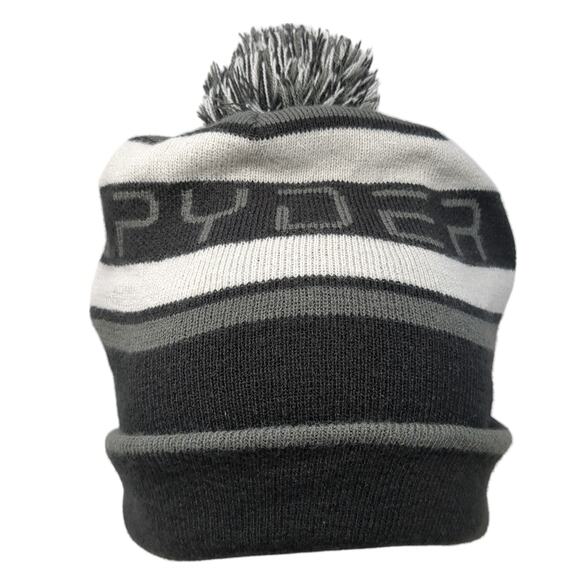 Spyder Pom Pom Knit Beanie Hat Black One Size Striped Casual Outdoor - Picture 1 of 10